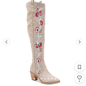 Like New Carlos Santana Tan and Red Over the Knee Boots with Floral Embroidery